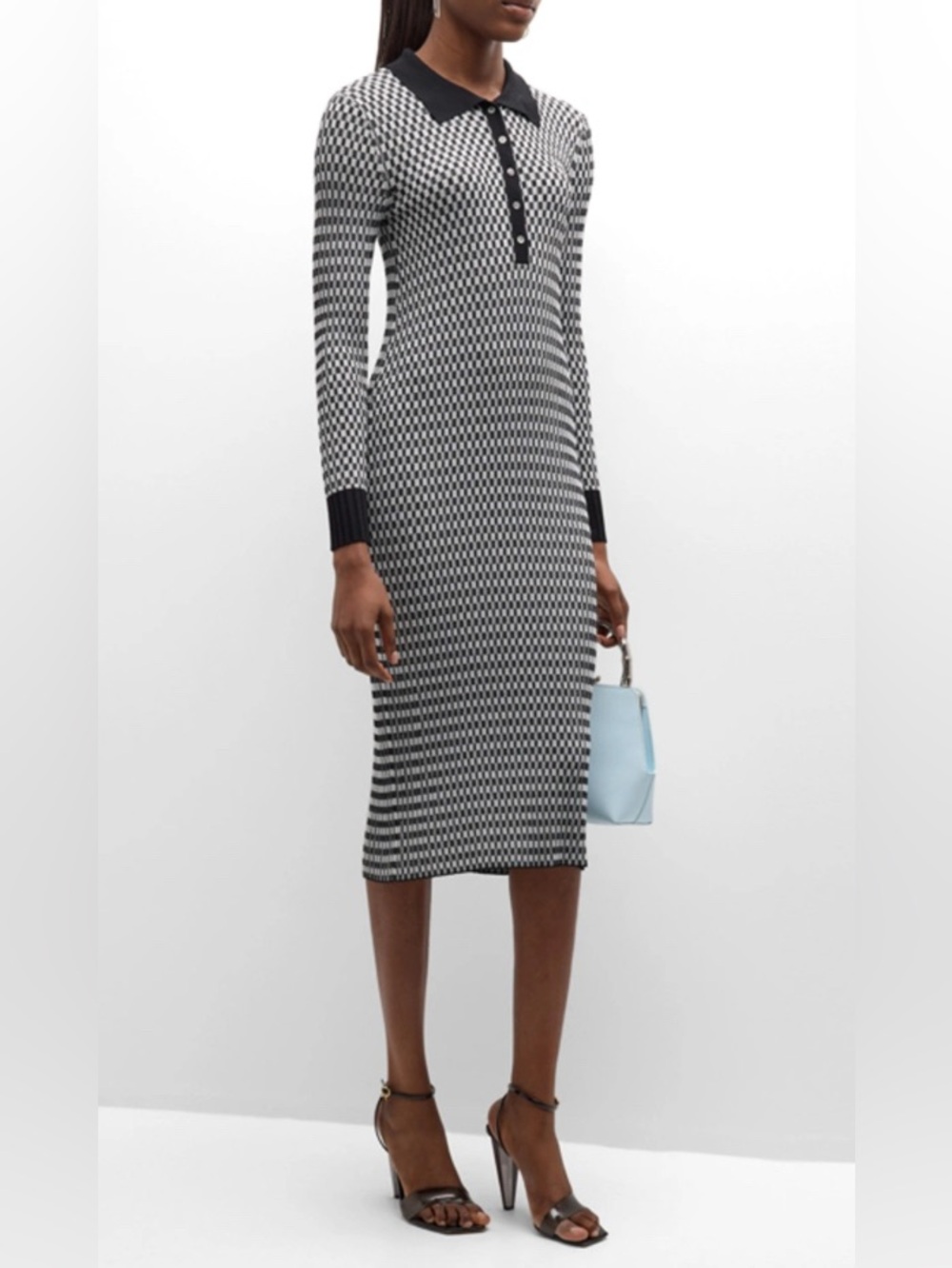 Elie Tahari Black and White Striped Long-Sleeve Polo Knit Dress